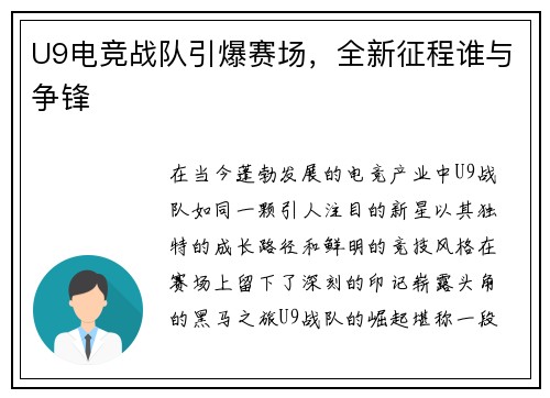 U9电竞战队引爆赛场，全新征程谁与争锋